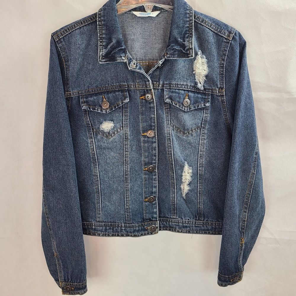 Highway Jeans Women's (L) Blue Denim Distressed Trucker Style Jean Jacket